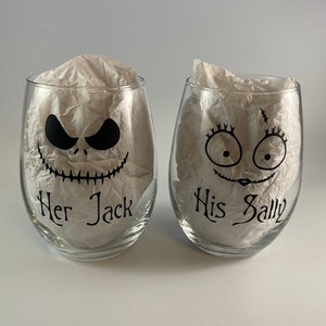 Her Jack His Sally Set, Nightmare Before Christmas Wine Glass Set, Halloween Wine Glass, Engagement Gift, Wedding Gift, Couple Wine Set image 1