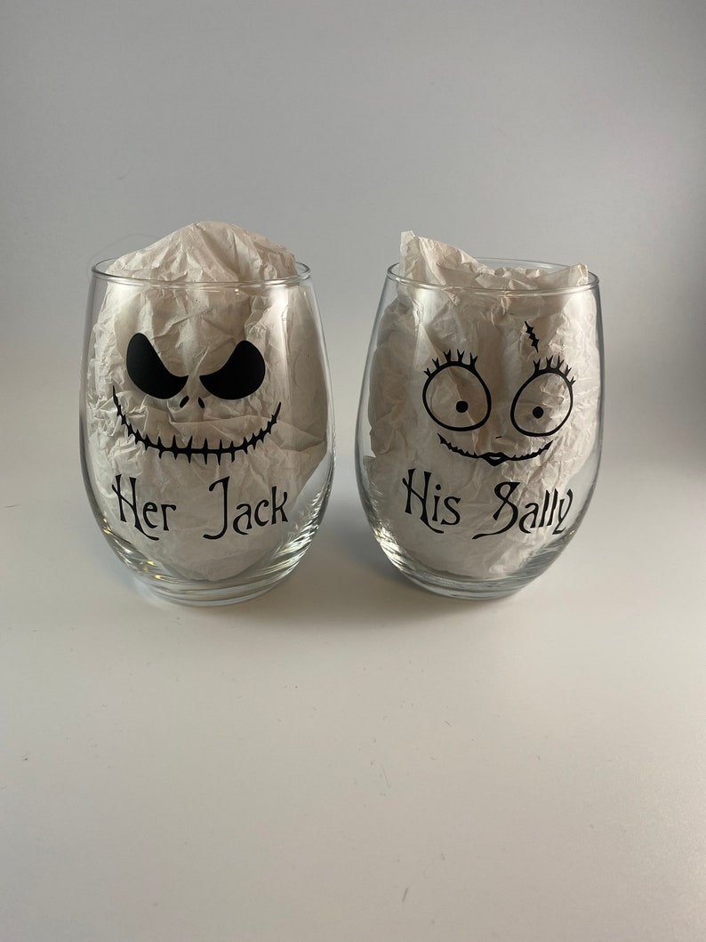 Her Jack His Sally Set, Nightmare Before Christmas Wine Glass Set, Halloween Wine Glass, Engagement Gift, Wedding Gift, Couple Wine Set image 1