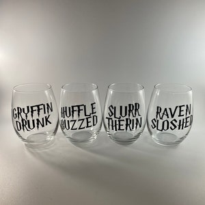 HP Houses, Wizard Wine, Drinking, Stemless Wine Glasses, Set of 4 Wine Glasses, Potterhead, Wizard Books