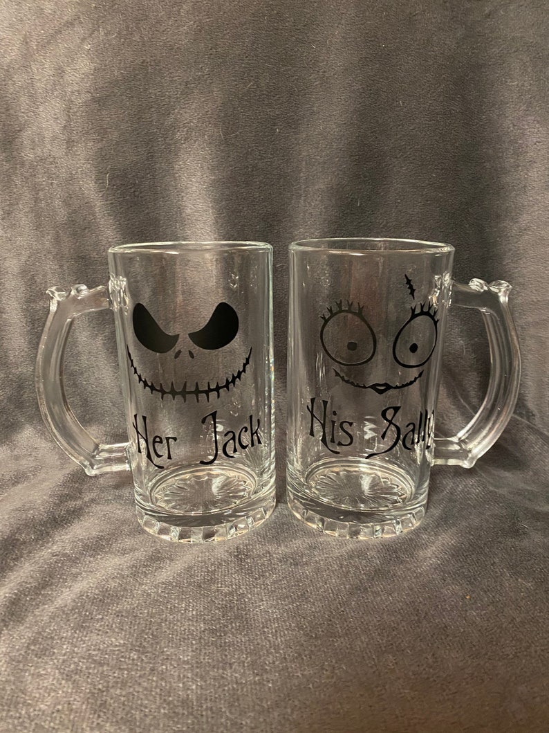 Her Jack His Sally Set, Nightmare Before Christmas Wine Glass Set, Halloween Wine Glass, Engagement Gift, Wedding Gift, Couple Wine Set image 2