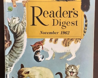 Revista Reader's Digest vintage, 1962, portada de gato, anuncios de mediados de siglo