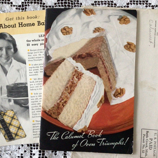 Vintage 1934 Cookbook, The Calumet Book of Oven Triumphs! Original Mailer plus Fun Insert of Thirties Housewife, Promotional Recipe Booklet