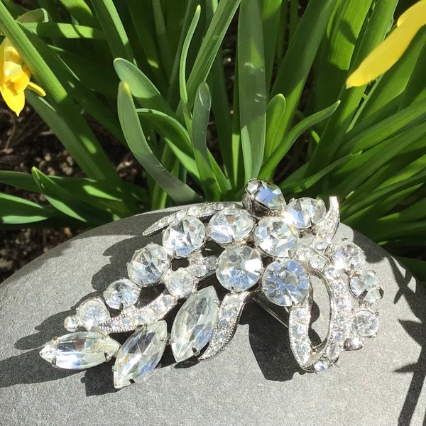 Vintage Eisenberg Ice Brooch Clear Crystal Rhinestones, Signed, Stacked Marquise Cut Stones Glamorous Statement Piece Beautiful Condition