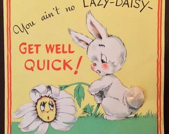 Vintage 1940's Rust Craft Get Well Card, Bunny and Pop-Up Daisy