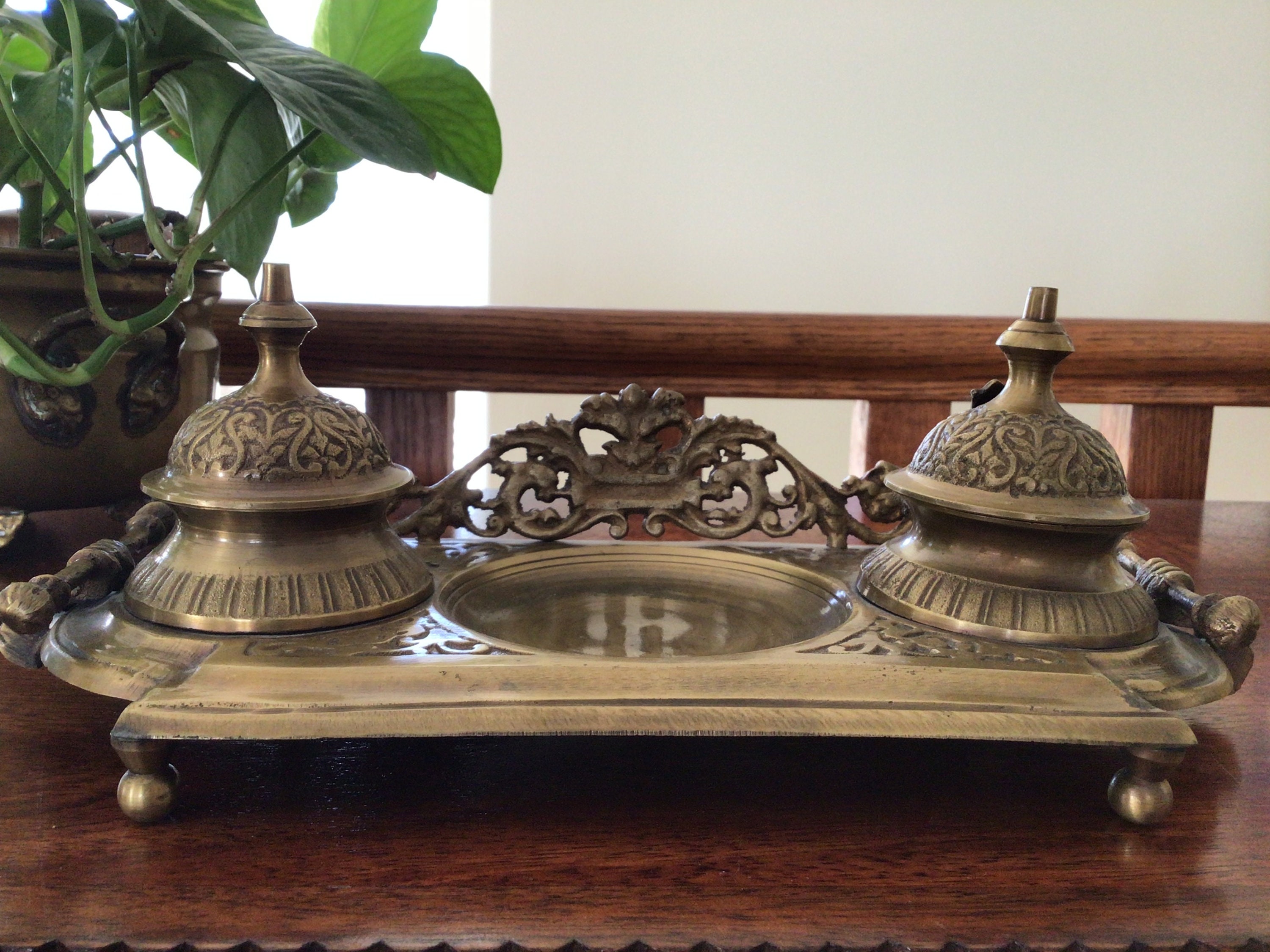 Antique Victorian Brass Double Inkwell Art Nouveau Rococo Etsy