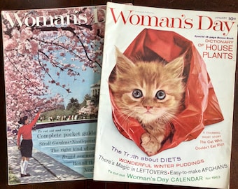 Revistas Woman's Day antiguas de 1962 y 1963, con portadas de Ginger Kitten y la Casa Blanca.