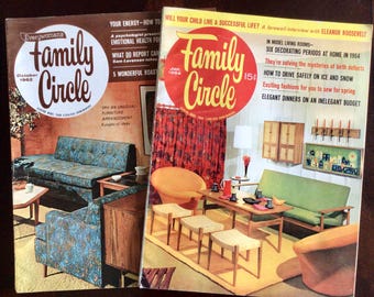 Revistas Family Circle vintage de la década de 1960, portadas de decoración y salas de estar de mediados de siglo.