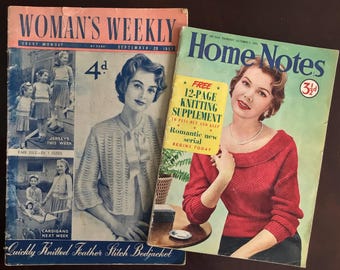 Revistas femeninas británicas de los años 50: patrones de punto, recetas, anuncios retro, artículos diversos.