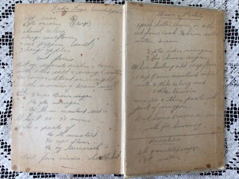 May include: An open vintage cookbook with handwritten recipes for Lady Jane's mincemeat and Bean Puddings. The recipes include ingredients like brown sugar, mincemeat, and cider vinegar.
