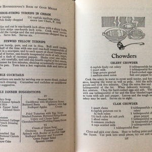 May include: A vintage cookbook page with recipes for shoe-string turnips in cream, stewed yellow turnips, celery chowder, and clam chowder. The page includes a black and white illustration of a bowl of soup with a ladle.