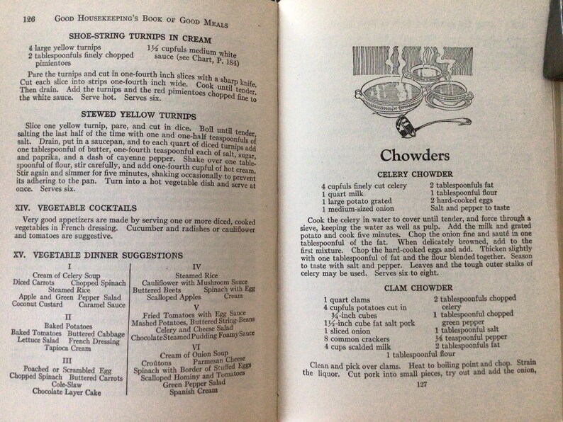 May include: A vintage cookbook page with recipes for shoe-string turnips in cream, stewed yellow turnips, celery chowder, and clam chowder. The page includes a black and white illustration of a bowl of soup with a ladle.