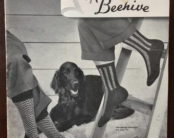 Vintage Beehive Men's Socks Knitting Pattern Book, 1950s Geometric, Cable Ribs (No. 62)