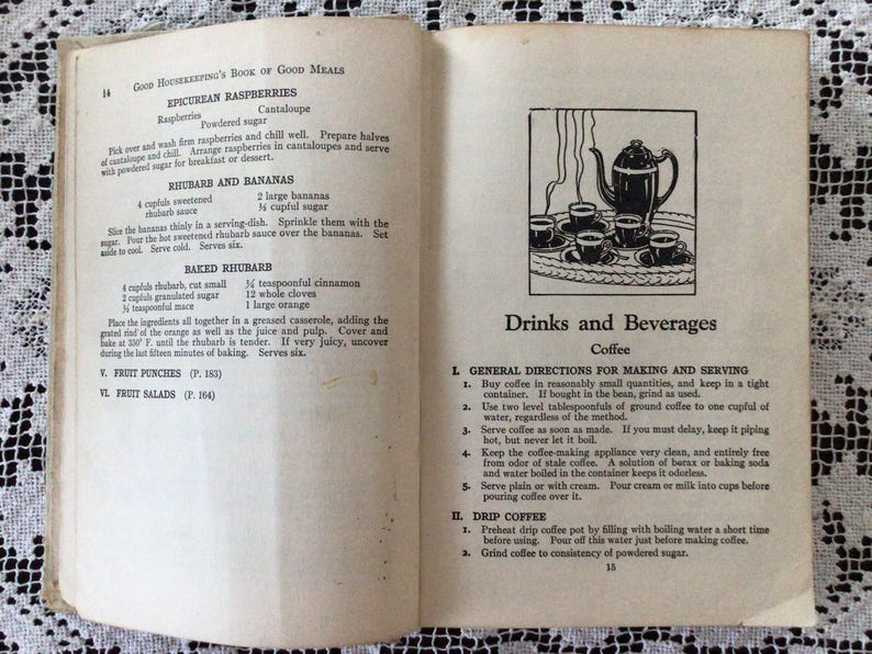 May include: A vintage cookbook with a black and white illustration of a teapot and cups on a tray. The text on the page reads "Drinks and Beverages" and "Coffee".