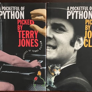 May include: Two books titled A Pocketful of Python. The left book is picked by Terry Jones with a preface by Terry Gilliam, featuring a black and white photo of a person at a piano. The right book is picked by John Cleese with a preface by Michael Palin.