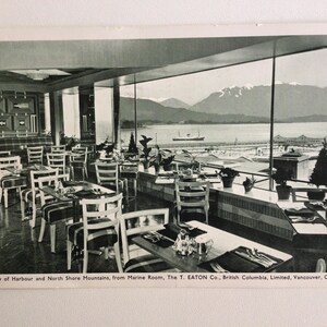 Vintage Eaton’s Canada Postcard, View of Harbour and North Shore Mountains from Marine Room, Vancouver, British Columbia