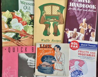 Recetarios antiguos: Aceite Wesson, tostadora Lisk, recetas de gofres, gráficos art déco, artículos culinarios efímeros.