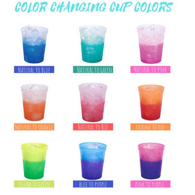 May include: Nine color-changing cups with different color combinations. The cups change color when cold liquids are poured into them. The colors include blue, green, pink, orange, red, yellow, and purple.