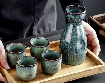 Set de sake Set Japanese Sake Conjunto Copa de cerámica Cerámica de porcelana Conjunto de Sake de 6 piezas Conjunto de glaseado Multicolor Textura Cerámica Sake Cops con olla de calentamiento copas d