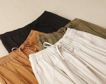 pantalon en lin vintage, pantalon en lin et coton à taille élastique, pantalon en coton d'été, pantalon bohème large, pantalon en lin femme vintage