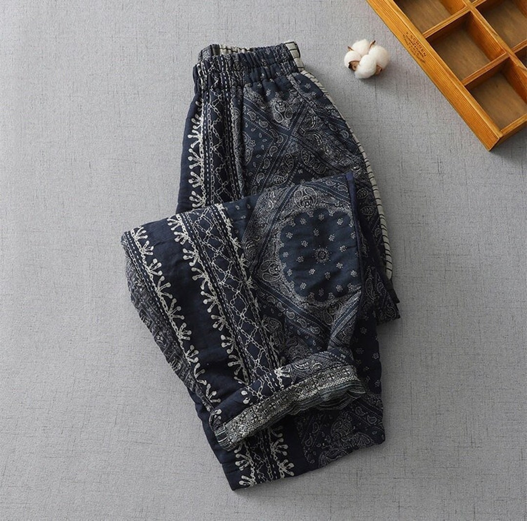 Ethnic Style Quilted Pants, Dark Blue Trousers, Warm Cotton Pants ...