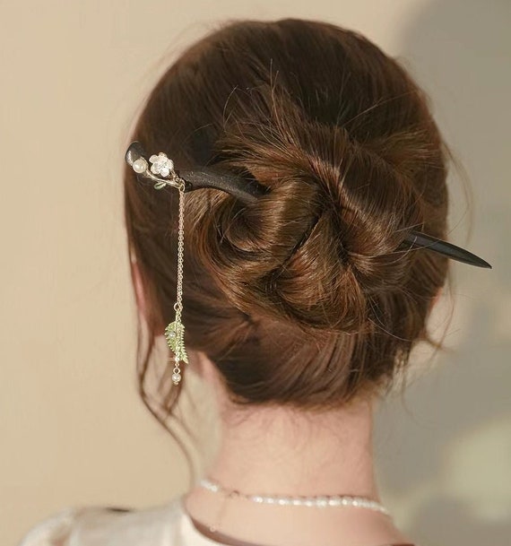Jasmine Flower Hair Stick With Dangle Ginkgo Leaf Wooden Hair Etsy