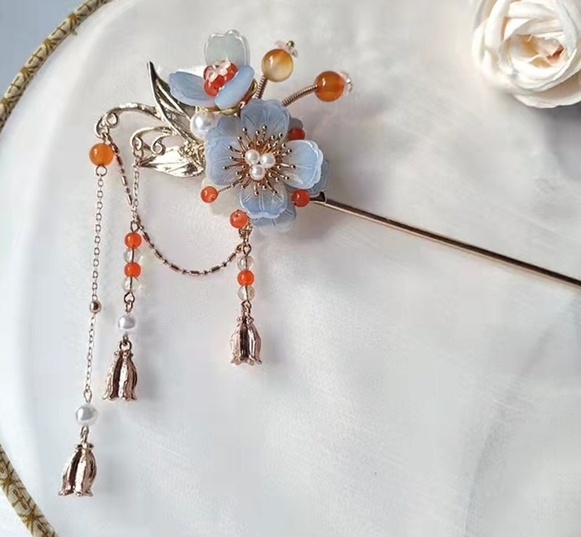 Light Blue Flower Hair Stick Hair Stick With Tassels Chinese Etsy