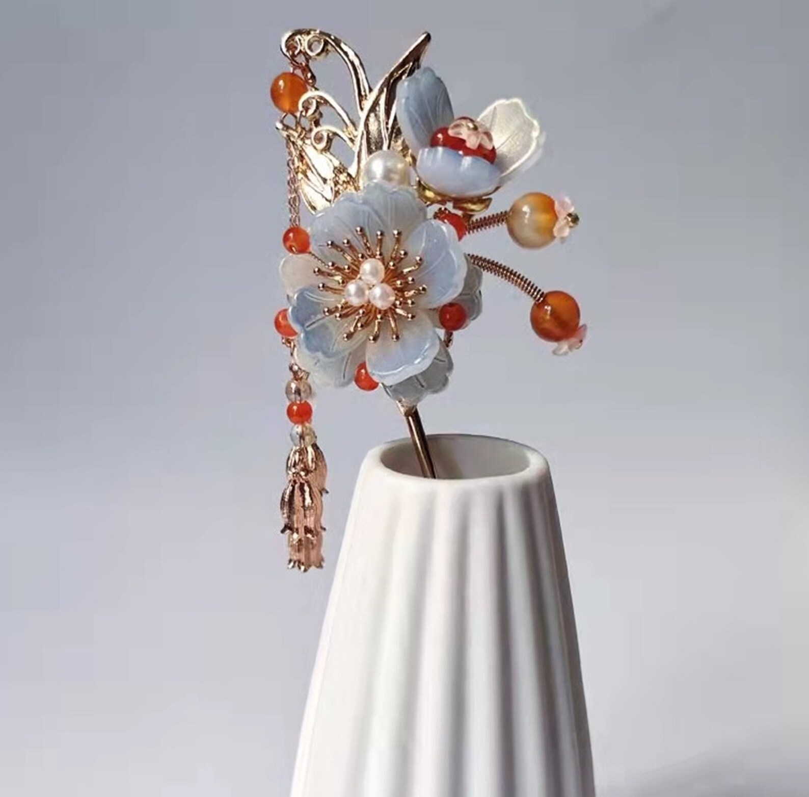 Light Blue Flower Hair Stick Hair Stick With Tassels Chinese Etsy