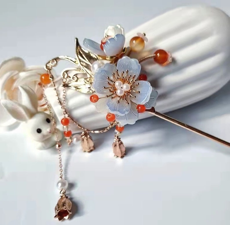 Light Blue Flower Hair Stick Hair Stick With Tassels Chinese Etsy