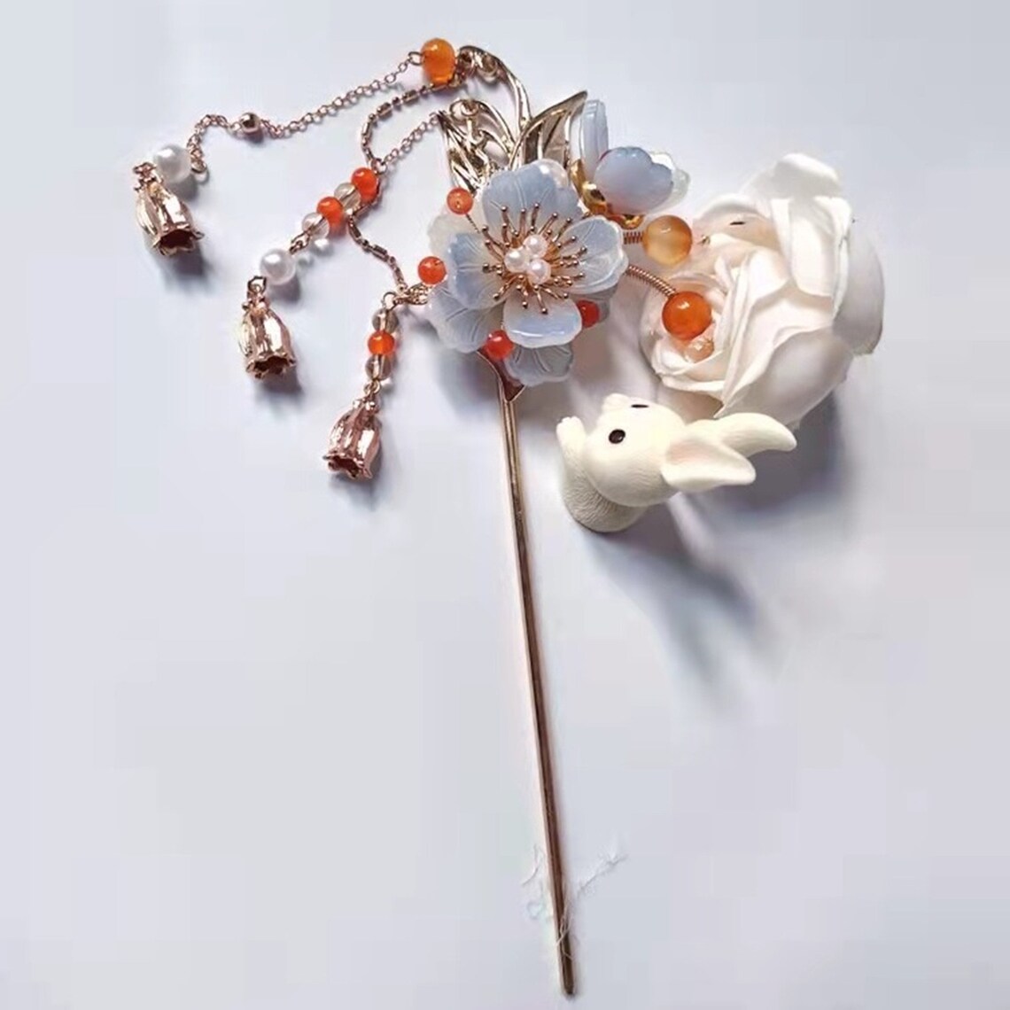 Light Blue Flower Hair Stick Hair Stick With Tassels Chinese Etsy
