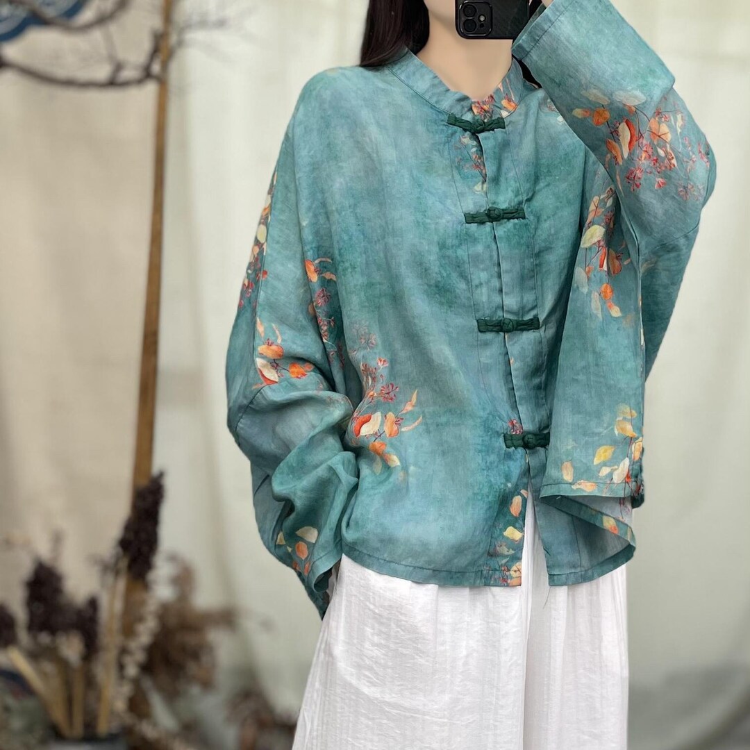 Green Linen Blouse With Chinese Button Print And Bracelet Sleeves For Women Breathable Versatile main image 1