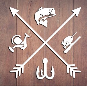 May include: White silhouette of a fish, fishing rod, hook, and reel on a brown wooden background. The design is in the shape of a cross with arrows pointing in each direction.