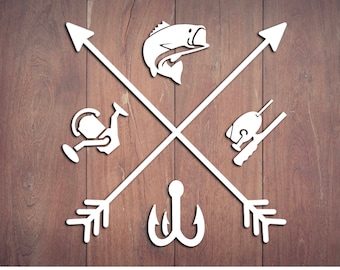 May include: White silhouette of a fish, fishing rod, hook, and reel on a brown wooden background. The design is in the shape of a cross with arrows pointing in each direction.