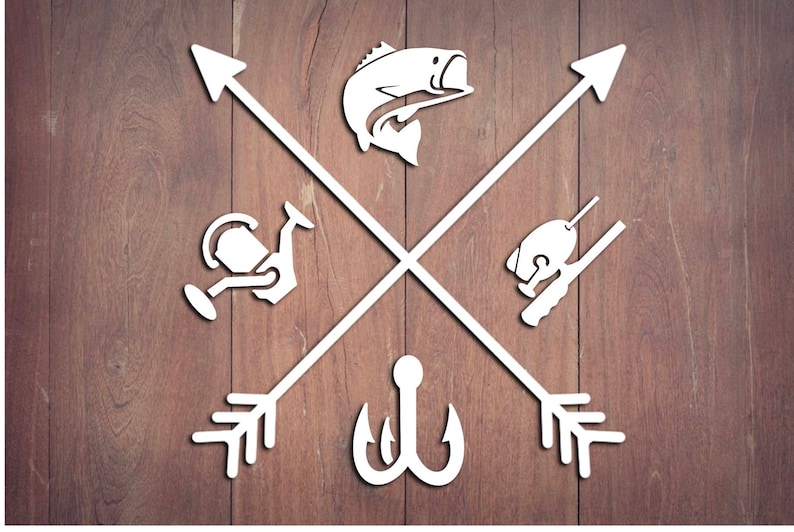 May include: White silhouette of a fish, fishing rod, hook, and reel on a brown wooden background. The design is in the shape of a cross with arrows pointing in each direction.