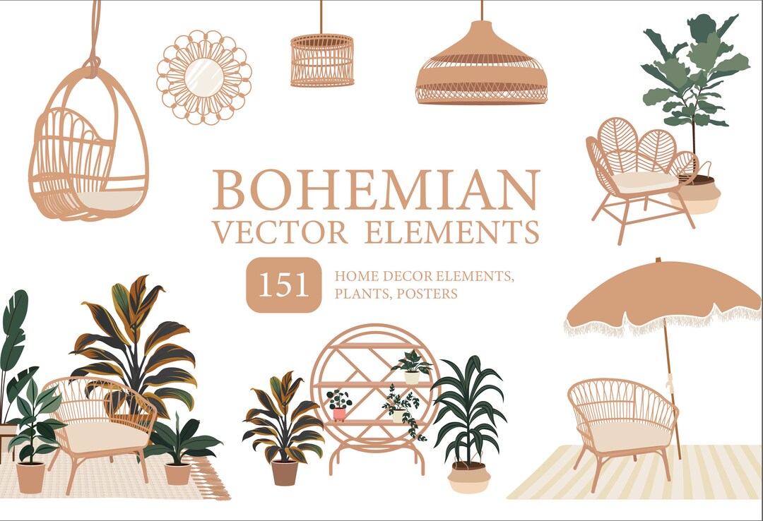 151 Boho Home Decor Vector Clipart Assets | Bohemian Interior Clipart ...