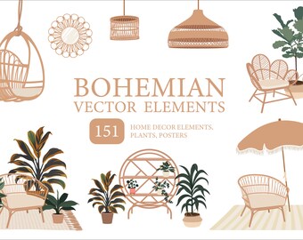 151 Boho Home Decor Vector Clipart Assets / Boho Interior Clipart / Plants Clipart / Vector, PNG, SVG