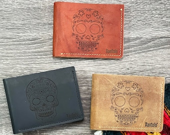 Leather Wallet|Catrina Wallet|Brown Leather Wallet|Bifold Wallet|Black Leather Wallet|Coin Wallet|Unisex Wallet|Calavera|Day of the Death