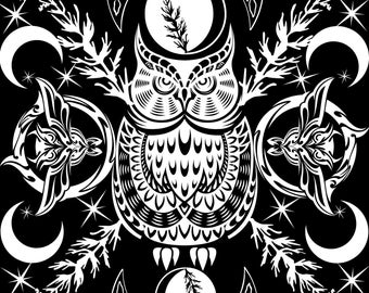 Direkt digital nedladdning meditativ målarbild med gråbo, uggla och måne för avslappning