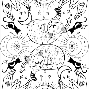 Instant Digital Download Mystical Cat Moon Meditative Coloring Page for Relaxation