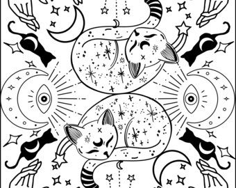 Sofortiger digitaler Download Mystische Katze Mond meditative Malseite zur Entspannung