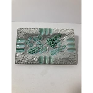 Vintage Ashtray Japan White & Green Ceramic Raised Grapes  Leaves Tobacciana
