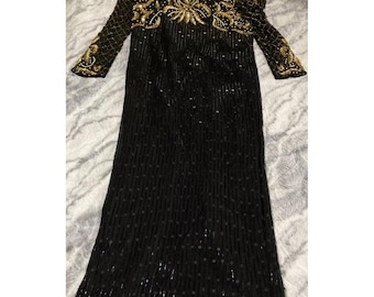 Vintage Laurence Kazar Abendkleid Damen M Schwarz Seide Gold Pailletten Mob Frau