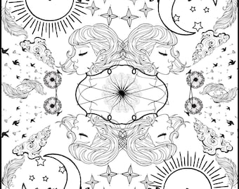 Sofortiger digitaler Download Löwenzahn, Sonne, Mond, Sterne und meditative Mädchen Malseite zur Entspannung