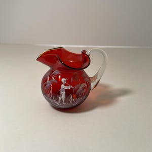Jarra de cristal artístico de Murano soplado a mano, color rojo rubí, estilo vintage, de 6,35 cm (2,5 pulgadas), pintada a mano.