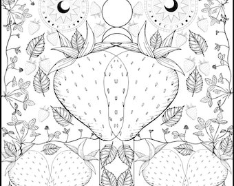 Instant Digital Download Erdbeere Vollmond Meditative Malseite für Entspannung
