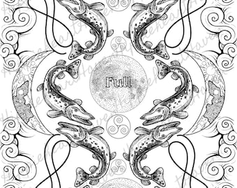 Natychmiastowe cyfrowe pobieranie jesiotra pełnia księżyca medytacyjna kolorowanka dla relaksu