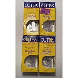 May include: Four boxes of Cutex Color Quick nail treatment with conditioner. The boxes are yellow with blue and white text. Each box contains a clear bottle of cuticle oil. The text on the boxes reads "Fast And Soft" and "4 FL. OZ."