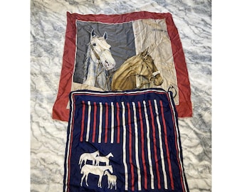 Vintage Eco Schal Seide Pferde & Sportschals Seide Rot Weiß Blau Pferde