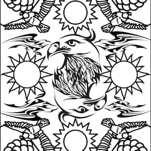 May include: Black and white line art illustration of an eagle with its wings spread, surrounded by stylized suns and berries. The eagle's head is facing the left side of the image.
