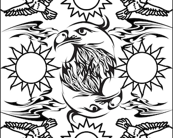 Sofortiger digitaler Download Sonne, Himbeere und Falke Meditative Malseite zur Entspannung