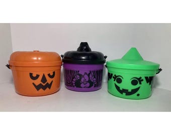 Vtg McDonalds Happy Meal Halloween Bucket Green & Purple Witch Orange Pumpkin 86